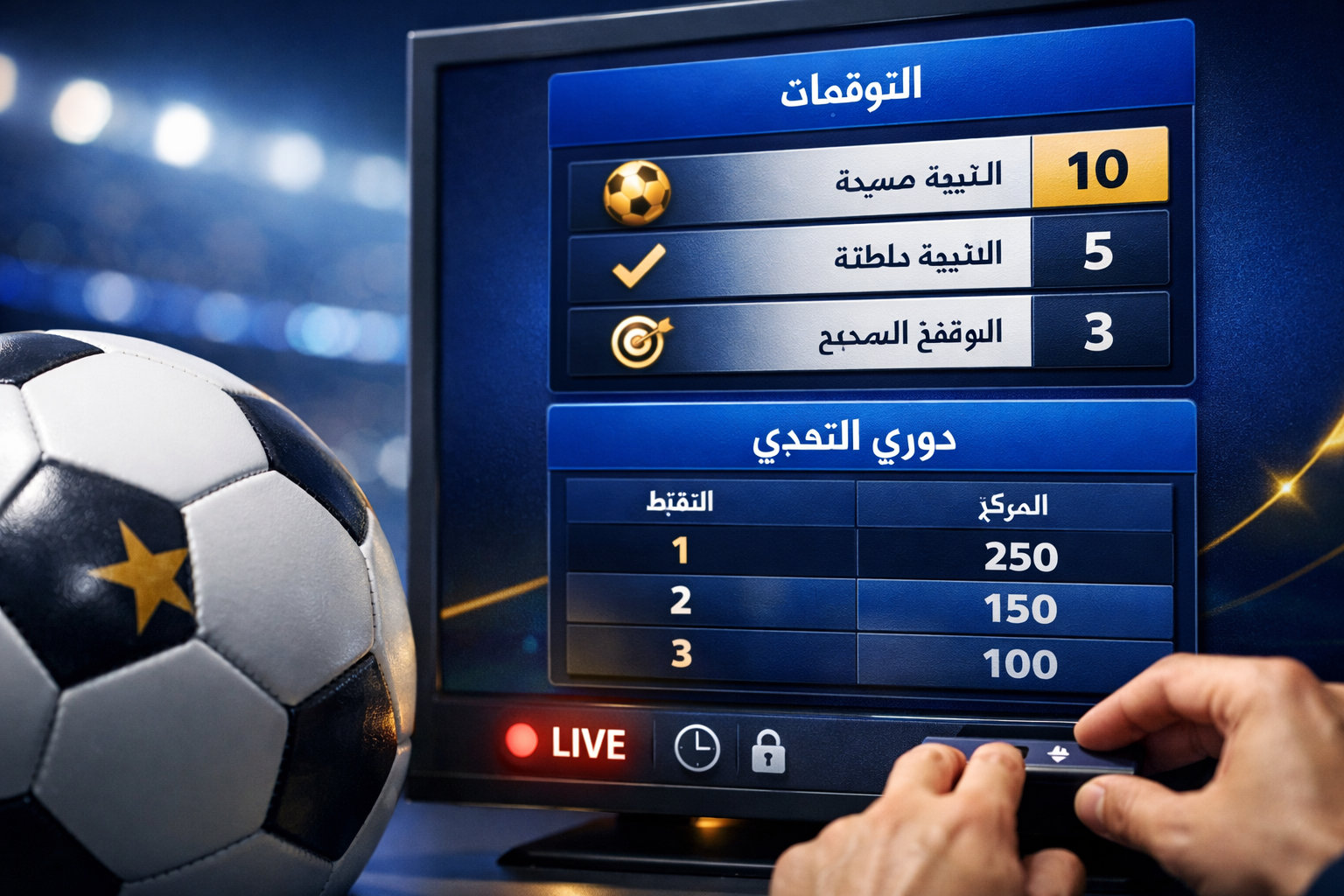 تحدي التوقعات الطائف - كرة قدم ولوحة نقاط تمثل قوانين لعبة توقعات دوري أبطال أوروبا 2026/2027 ونظام النقاط