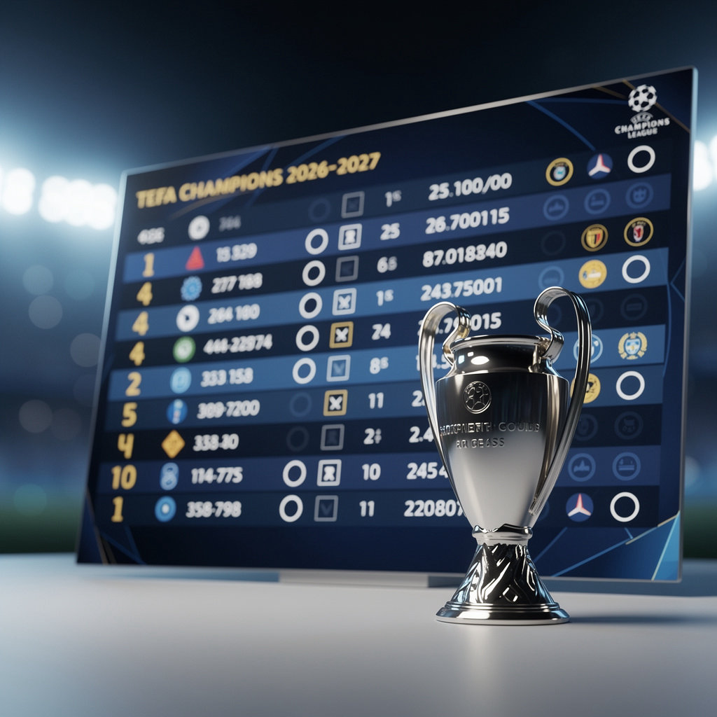 تحدي التوقعات، شاشة نتائج وكأس تعبّر عن ترتيب المنافسة في لعبة توقعات دوري أبطال أوروبا 2026/2027 من الطائف، السعودية
